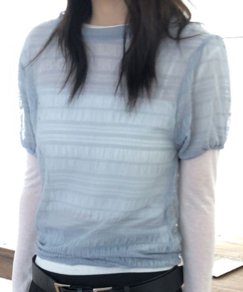Per sist ence(パーシエンス)の「シアーシャーリング半袖トップス(Tシャツ/カットソー・レディース・ブラック/ホワイト/ブルー/ベージュ・ONE SIZE)」の18枚目の写真