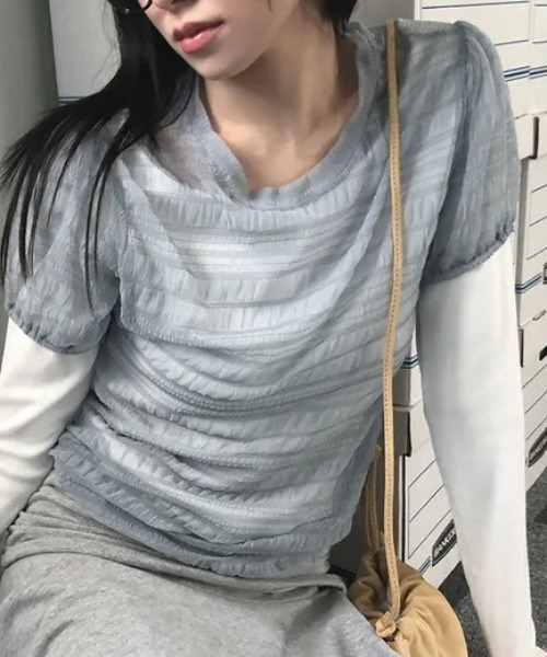 Per sist ence(パーシエンス)の「シアーシャーリング半袖トップス(Tシャツ/カットソー・レディース・ブラック/ホワイト/ブルー/ベージュ・ONE SIZE)」の13枚目の写真