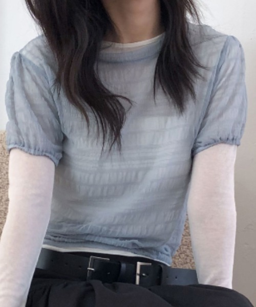 Per sist ence(パーシエンス)の「シアーシャーリング半袖トップス(Tシャツ/カットソー・レディース・ブラック/ホワイト/ブルー/ベージュ・ONE SIZE)」の15枚目の写真