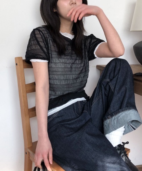 Per sist ence(パーシエンス)の「シアーシャーリング半袖トップス(Tシャツ/カットソー・レディース・ブラック/ホワイト/ブルー/ベージュ・ONE SIZE)」の7枚目の写真