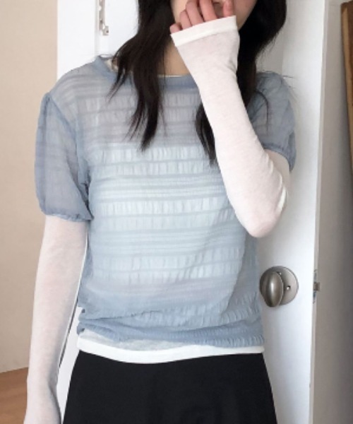 Per sist ence(パーシエンス)の「シアーシャーリング半袖トップス(Tシャツ/カットソー・レディース・ブラック/ホワイト/ブルー/ベージュ・ONE SIZE)」の16枚目の写真