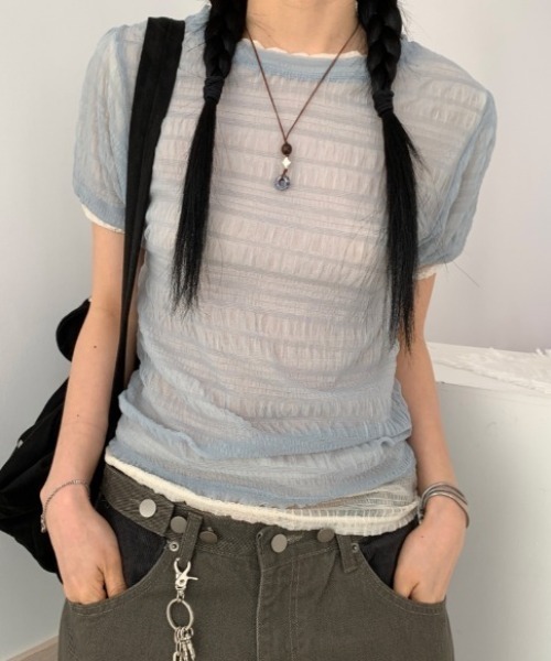 Per sist ence(パーシエンス)の「シアーシャーリング半袖トップス(Tシャツ/カットソー・レディース・ブラック/ホワイト/ブルー/ベージュ・ONE SIZE)」の14枚目の写真