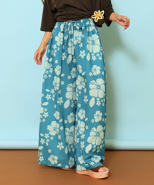 セール】リネンタッチ ハイビスカス柄 リゾート ワイド パンツ（その他