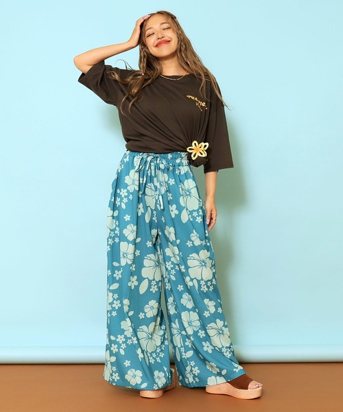 セール】リネンタッチ ハイビスカス柄 リゾート ワイド パンツ（その他