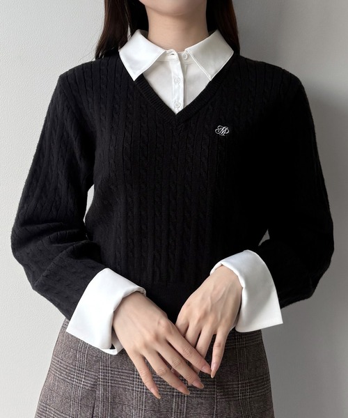 mipiarl(ミピアール)の「【リボン取り外し可能】シャツドッキングケーブルショートニット(ニット/セーター・レディース・アイボリー/ブラック/チャコール/ネイビー/ブラウン・LARGE/MEDIUM)」の6枚目の写真