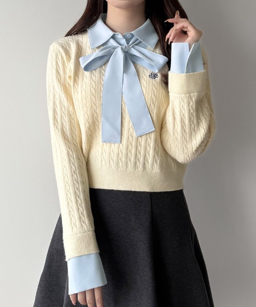 mipiarl(ミピアール)の「【リボン取り外し可能】シャツドッキングケーブルショートニット(ニット/セーター・レディース・アイボリー/ブラック/チャコール/ネイビー/ブラウン・LARGE/MEDIUM)」の12枚目の写真