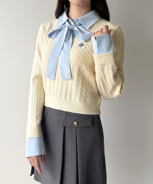 mipiarl(ミピアール)の「【リボン取り外し可能】シャツドッキングケーブルショートニット(ニット/セーター・レディース・アイボリー/ブラック/チャコール/ネイビー/ブラウン・LARGE/MEDIUM)」の13枚目の写真