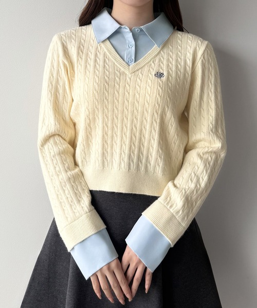 mipiarl(ミピアール)の「【リボン取り外し可能】シャツドッキングケーブルショートニット(ニット/セーター・レディース・アイボリー/ブラック/チャコール/ネイビー/ブラウン・LARGE/MEDIUM)」の15枚目の写真