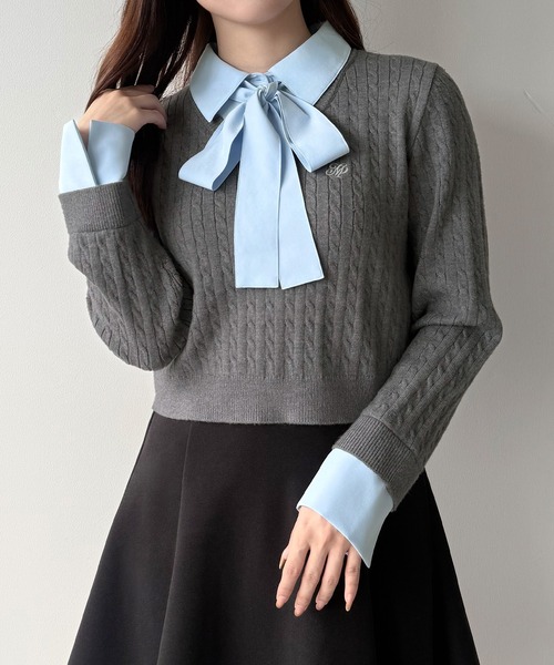 mipiarl(ミピアール)の「【リボン取り外し可能】シャツドッキングケーブルショートニット(ニット/セーター・レディース・アイボリー/ブラック/チャコール/ネイビー/ブラウン・LARGE/MEDIUM)」の18枚目の写真