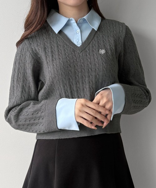 mipiarl(ミピアール)の「【リボン取り外し可能】シャツドッキングケーブルショートニット(ニット/セーター・レディース・アイボリー/ブラック/チャコール/ネイビー/ブラウン・LARGE/MEDIUM)」の19枚目の写真