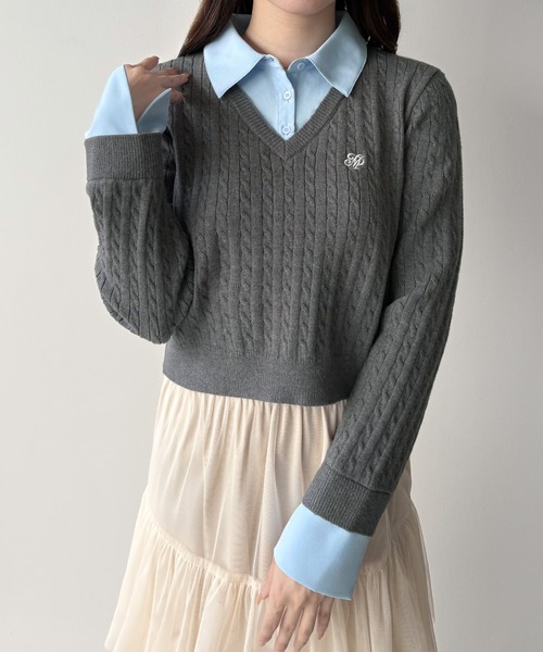 mipiarl(ミピアール)の「【リボン取り外し可能】シャツドッキングケーブルショートニット(ニット/セーター・レディース・アイボリー/ブラック/チャコール/ネイビー/ブラウン・LARGE/MEDIUM)」の21枚目の写真