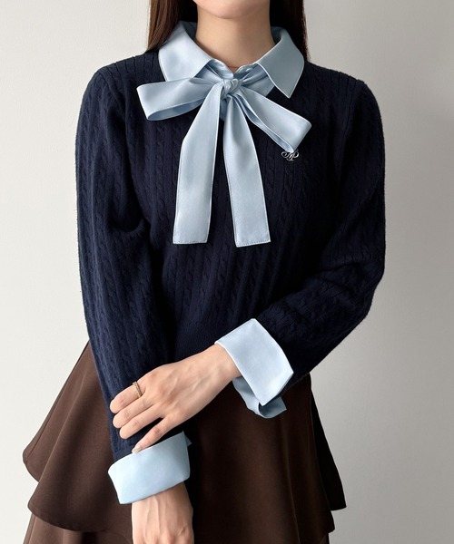 mipiarl(ミピアール)の「【リボン取り外し可能】シャツドッキングケーブルショートニット(ニット/セーター・レディース・アイボリー/ブラック/チャコール/ネイビー/ブラウン・LARGE/MEDIUM)」の22枚目の写真