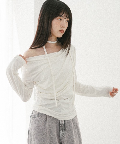 Heather(ヘザー)の「タイ付きドレープカットソー 577684(Tシャツ/カットソー・レディース・オフホワイト/グレー/ピンク/ブラック・FREE)」の2枚目の写真