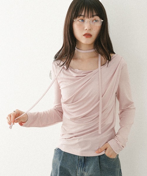 Heather(ヘザー)の「タイ付きドレープカットソー 577684(Tシャツ/カットソー・レディース・オフホワイト/グレー/ピンク/ブラック・FREE)」の1枚目の写真