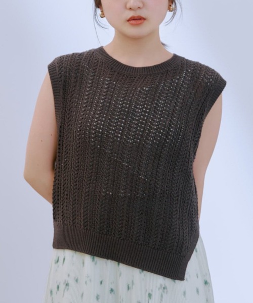 ニット セーター 透かしストライプノースリーブニット 「低身長・小柄女性」 レディース 透かしストライプノースリーブニット 【低身長・小柄女性