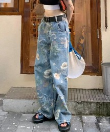 デニムパンツ（ブルー・ネイビー/青色系・花柄・ボタニカル柄
