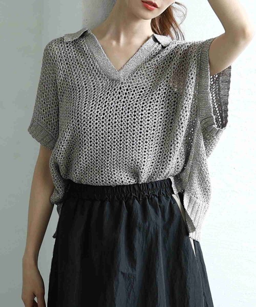 Sawa a la mode（サワアラモード）の「スキッパードルマンサマーメッシュニット（ニット/セーター・レディース・グレー/ブラウン・FREE）」の2枚目の写真