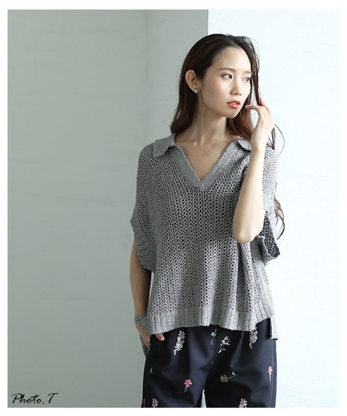 Sawa a la mode（サワアラモード）の「スキッパードルマンサマーメッシュニット（ニット/セーター・レディース・グレー/ブラウン・FREE）」の4枚目の写真