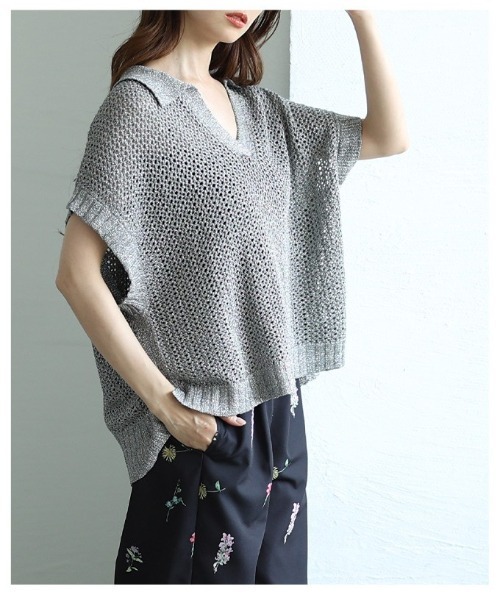 Sawa a la mode（サワアラモード）の「スキッパードルマンサマーメッシュニット（ニット/セーター・レディース・グレー/ブラウン・FREE）」の11枚目の写真