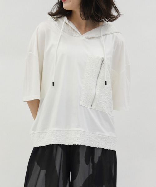 axes femme（アクシーズファム）の「異素材切替パーカー（Tシャツ/カットソー・レディース・ホワイト/ブラック・FREE）」の3枚目の写真