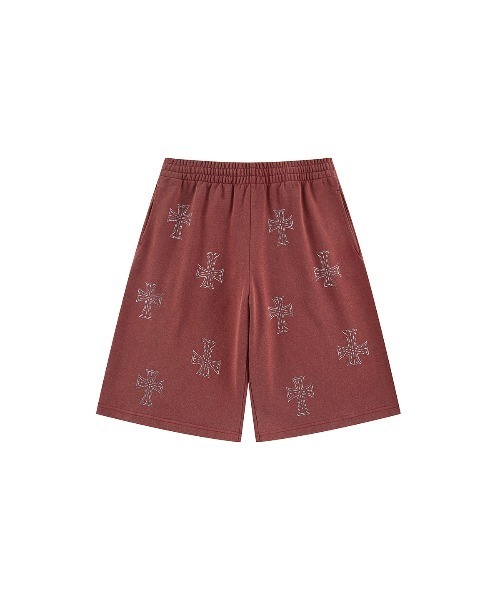 UNKNOWN LONDON（アンノウン・ロンドン）の「ショーツ｜Outline Cross Rhinestone Baggy Sweat Shorts｜Unknown London（デニムパンツ・メンズ・レッド/ブラック/ベージュ・SMALL/X-LARGE/LARGE/MEDIUM）」の3枚目の写真