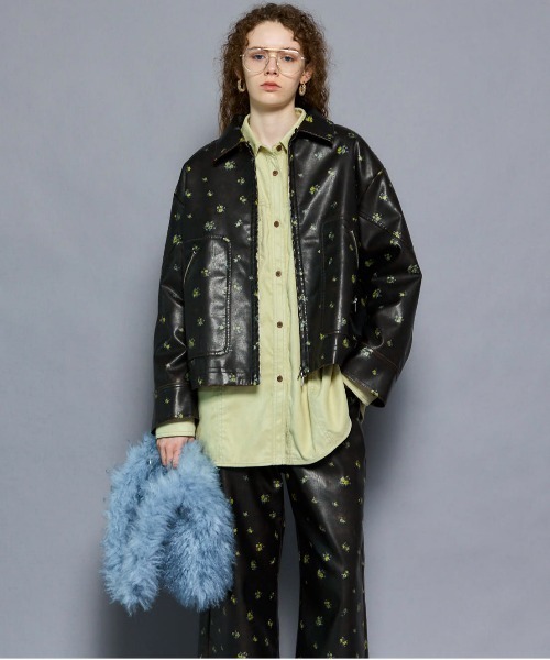 2way Collar Small Flower Vegan Leather Blouson/2WAYカラー