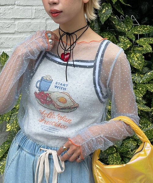HELLO.SANFRANCISCO(ハローサンフランシスコ)の「【HELLO.SANFRANCISCO/ハローサンフランシスコ】フロッキードットシアートップス(Tシャツ/カットソー・レディース・ホワイト/アイボリー/サックスブルー・ONE SIZE)」の1枚目の写真