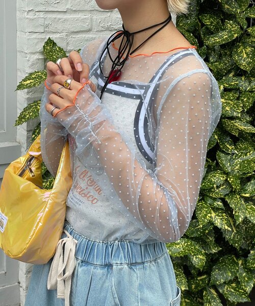 HELLO.SANFRANCISCO(ハローサンフランシスコ)の「【HELLO.SANFRANCISCO/ハローサンフランシスコ】フロッキードットシアートップス(Tシャツ/カットソー・レディース・ホワイト/アイボリー/サックスブルー・ONE SIZE)」の7枚目の写真