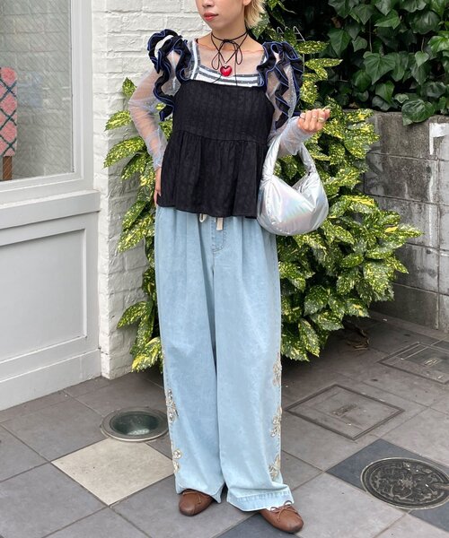 HELLO.SANFRANCISCO(ハローサンフランシスコ)の「【HELLO.SANFRANCISCO/ハローサンフランシスコ】フロッキードットシアートップス(Tシャツ/カットソー・レディース・ホワイト/アイボリー/サックスブルー・ONE SIZE)」の6枚目の写真