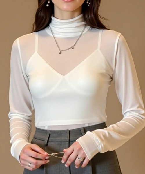 cammie(キャミー)の「シアーメッシュタートルネックトップス(その他トップス・レディース・ホワイト/ブラック・MEDIUM/LARGE)」の5枚目の写真