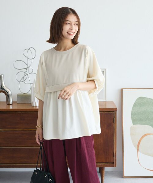 セール】ベスト風7分袖ドッキングプルオーバー（Tシャツ