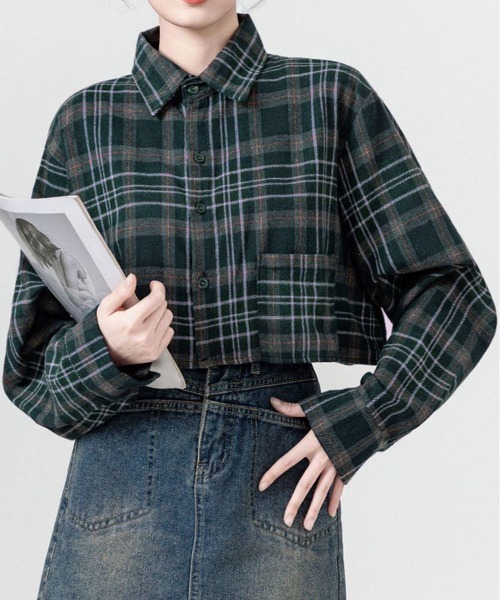 gossip！ロサンゼルス（ゴシップロサンゼルス）の「【サイズあり】チェックパターン クロップドシンプルカジュアルシャツジャケット（シャツ/ブラウス・レディース・ベージュ/ネイビー・S/M）」の16枚目の写真
