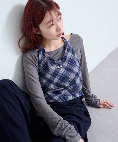 Kastane（カスタネ）の「【新色追加/無地&チェック/2WAY】ホルターキャミSET（Tシャツ/カットソー・レディース・ネイビー/グレー/ブラウン/ダークブルー・FREE）」の5枚目の写真