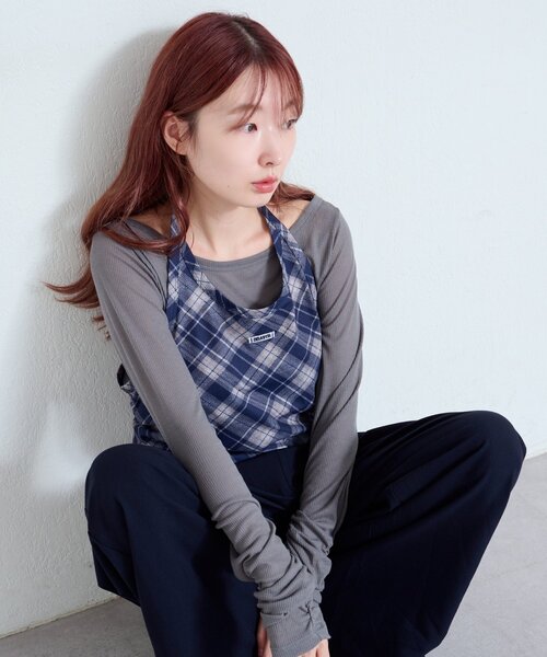 Kastane（カスタネ）の「【新色追加/無地&チェック/2WAY】ホルターキャミSET（Tシャツ/カットソー・レディース・ネイビー/グレー/ブラウン/ダークブルー・FREE）」の6枚目の写真