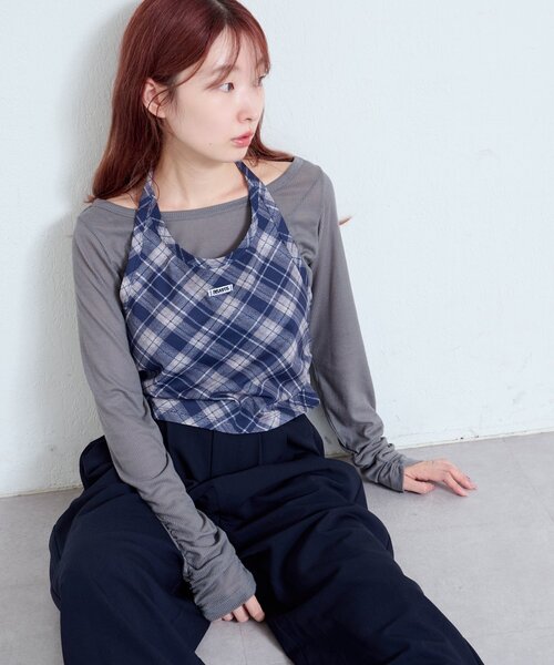Kastane（カスタネ）の「【新色追加/無地&チェック/2WAY】ホルターキャミSET（Tシャツ/カットソー・レディース・ネイビー/グレー/ブラウン/ダークブルー・FREE）」の7枚目の写真