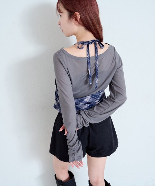 Kastane（カスタネ）の「【新色追加/無地&チェック/2WAY】ホルターキャミSET（Tシャツ/カットソー・レディース・ネイビー/グレー/ブラウン/ダークブルー・FREE）」の9枚目の写真