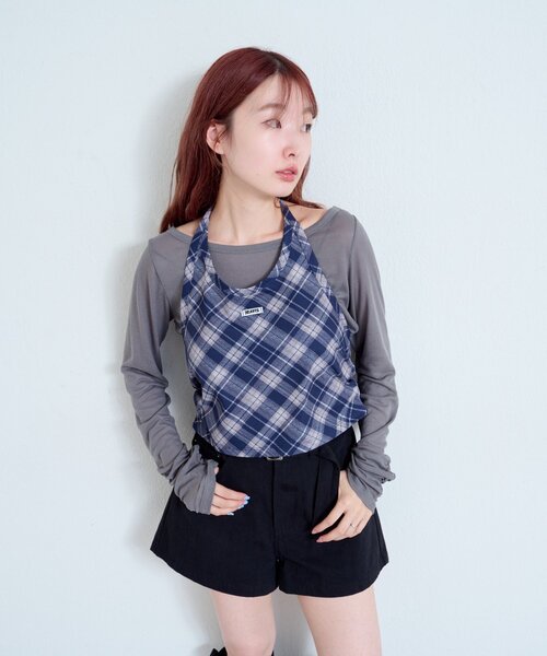 Kastane（カスタネ）の「【新色追加/無地&チェック/2WAY】ホルターキャミSET（Tシャツ/カットソー・レディース・ネイビー/グレー/ブラウン/ダークブルー・FREE）」の10枚目の写真