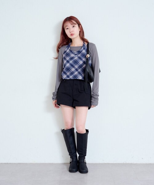 Kastane（カスタネ）の「【新色追加/無地&チェック/2WAY】ホルターキャミSET（Tシャツ/カットソー・レディース・ネイビー/グレー/ブラウン/ダークブルー・FREE）」の11枚目の写真