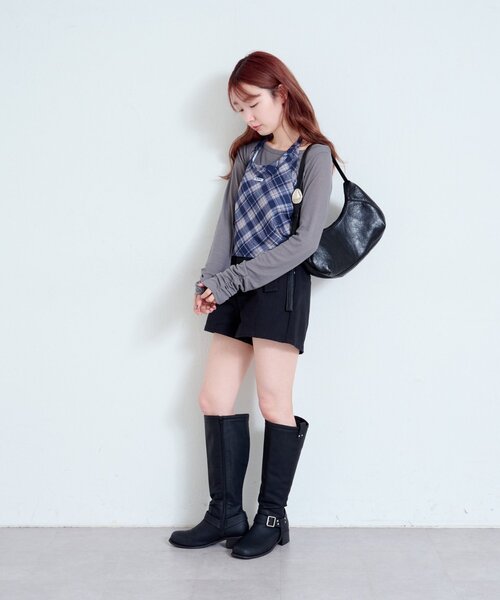 Kastane（カスタネ）の「【新色追加/無地&チェック/2WAY】ホルターキャミSET（Tシャツ/カットソー・レディース・ネイビー/グレー/ブラウン/ダークブルー・FREE）」の12枚目の写真