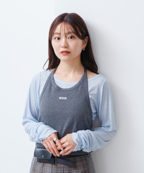 Kastane（カスタネ）の「【新色追加/無地&チェック/2WAY】ホルターキャミSET（Tシャツ/カットソー・レディース・ネイビー/グレー/ブラウン/ダークブルー・FREE）」の15枚目の写真