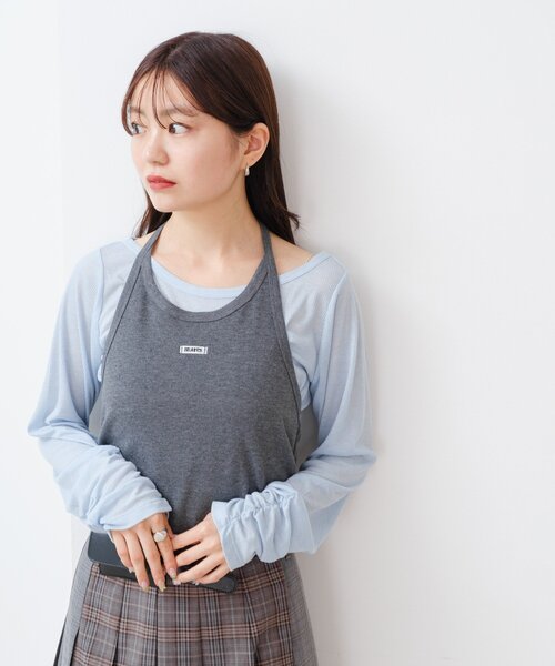 Kastane（カスタネ）の「【新色追加/無地&チェック/2WAY】ホルターキャミSET（Tシャツ/カットソー・レディース・ネイビー/グレー/ブラウン/ダークブルー・FREE）」の16枚目の写真