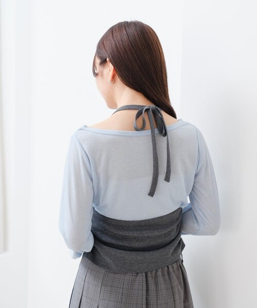 Kastane（カスタネ）の「【新色追加/無地&チェック/2WAY】ホルターキャミSET（Tシャツ/カットソー・レディース・ネイビー/グレー/ブラウン/ダークブルー・FREE）」の17枚目の写真