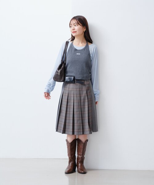 Kastane（カスタネ）の「【新色追加/無地&チェック/2WAY】ホルターキャミSET（Tシャツ/カットソー・レディース・ネイビー/グレー/ブラウン/ダークブルー・FREE）」の21枚目の写真