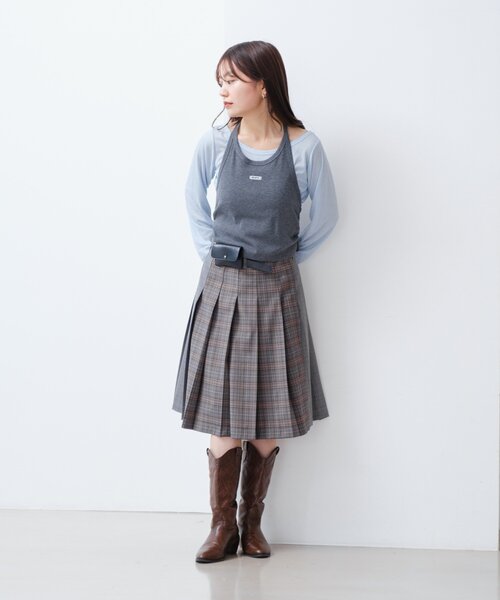 Kastane（カスタネ）の「【新色追加/無地&チェック/2WAY】ホルターキャミSET（Tシャツ/カットソー・レディース・ネイビー/グレー/ブラウン/ダークブルー・FREE）」の22枚目の写真