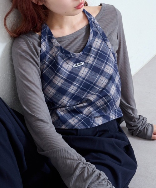 Kastane（カスタネ）の「【新色追加/無地&チェック/2WAY】ホルターキャミSET（Tシャツ/カットソー・レディース・ネイビー/グレー/ブラウン/ダークブルー・FREE）」の4枚目の写真