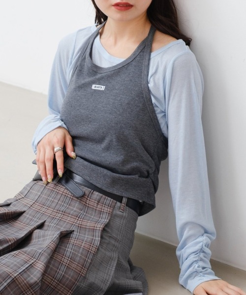 Kastane（カスタネ）の「【新色追加/無地&チェック/2WAY】ホルターキャミSET（Tシャツ/カットソー・レディース・ネイビー/グレー/ブラウン/ダークブルー・FREE）」の2枚目の写真