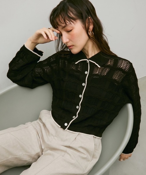 Lutim by u(ルチバイユー)の「Lace panel polo cardigan / レースパネルポロカーディガン(カーディガン/ボレロ・レディース・ブラック/グレイッシュベージュ/ナチュラル・FREE)」の1枚目の写真