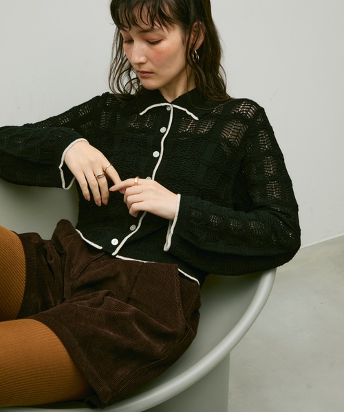 Lutim by u(ルチバイユー)の「Lace panel polo cardigan / レースパネルポロカーディガン(カーディガン/ボレロ・レディース・ブラック/グレイッシュベージュ/ナチュラル・FREE)」の9枚目の写真