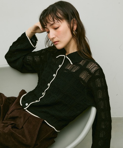 Lutim by u(ルチバイユー)の「Lace panel polo cardigan / レースパネルポロカーディガン(カーディガン/ボレロ・レディース・ブラック/グレイッシュベージュ/ナチュラル・FREE)」の10枚目の写真