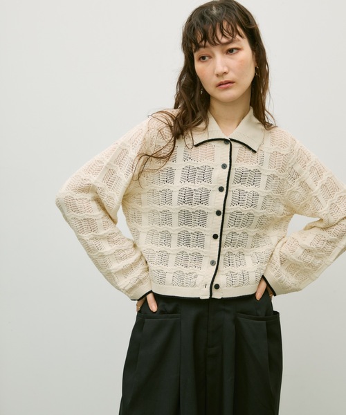 Lutim by u(ルチバイユー)の「Lace panel polo cardigan / レースパネルポロカーディガン(カーディガン/ボレロ・レディース・ブラック/グレイッシュベージュ/ナチュラル・FREE)」の6枚目の写真